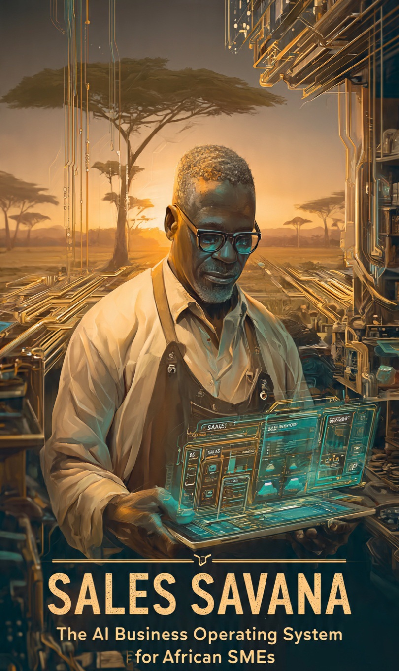 African entrepreneur using Sales Savana on a holographic dashboard
